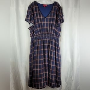 NEW Downing Studio Plaid Navy Smocked Waist Ruffle Sleeve Maxi Dress Plus 3X
